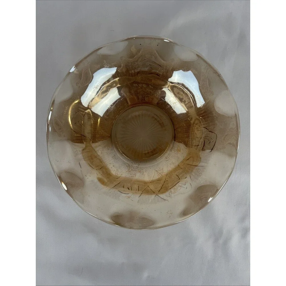 Vintage Amber Carnival Glass Ruffled Dish Bowl Floral Pattern Scalloped Edge